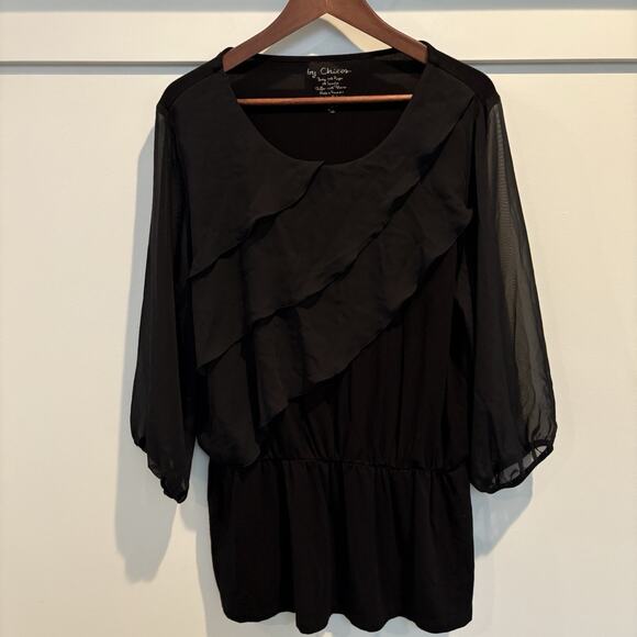 Chico’s Tunic Top Women Large (2) Black Ruffle Tiered Chiffon Elastic Waist - Picture 1 of 13